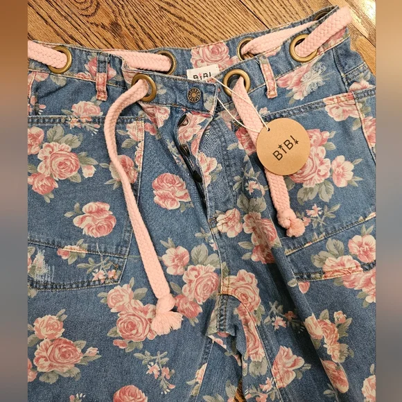 Bibi Washed Floral Denim Wide Leg Pants with Pink Accents - Picture 3 of 7